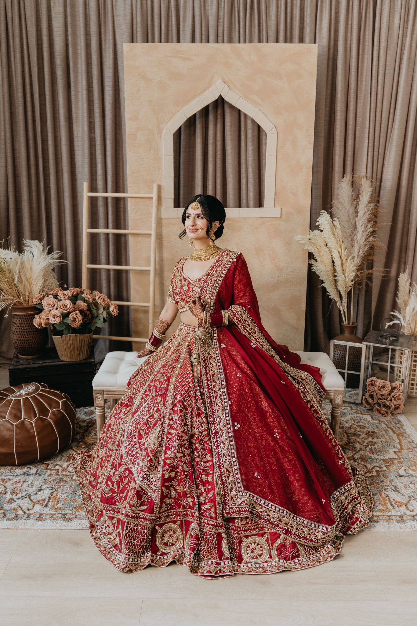 Custom-stitched lehenga on a dress form